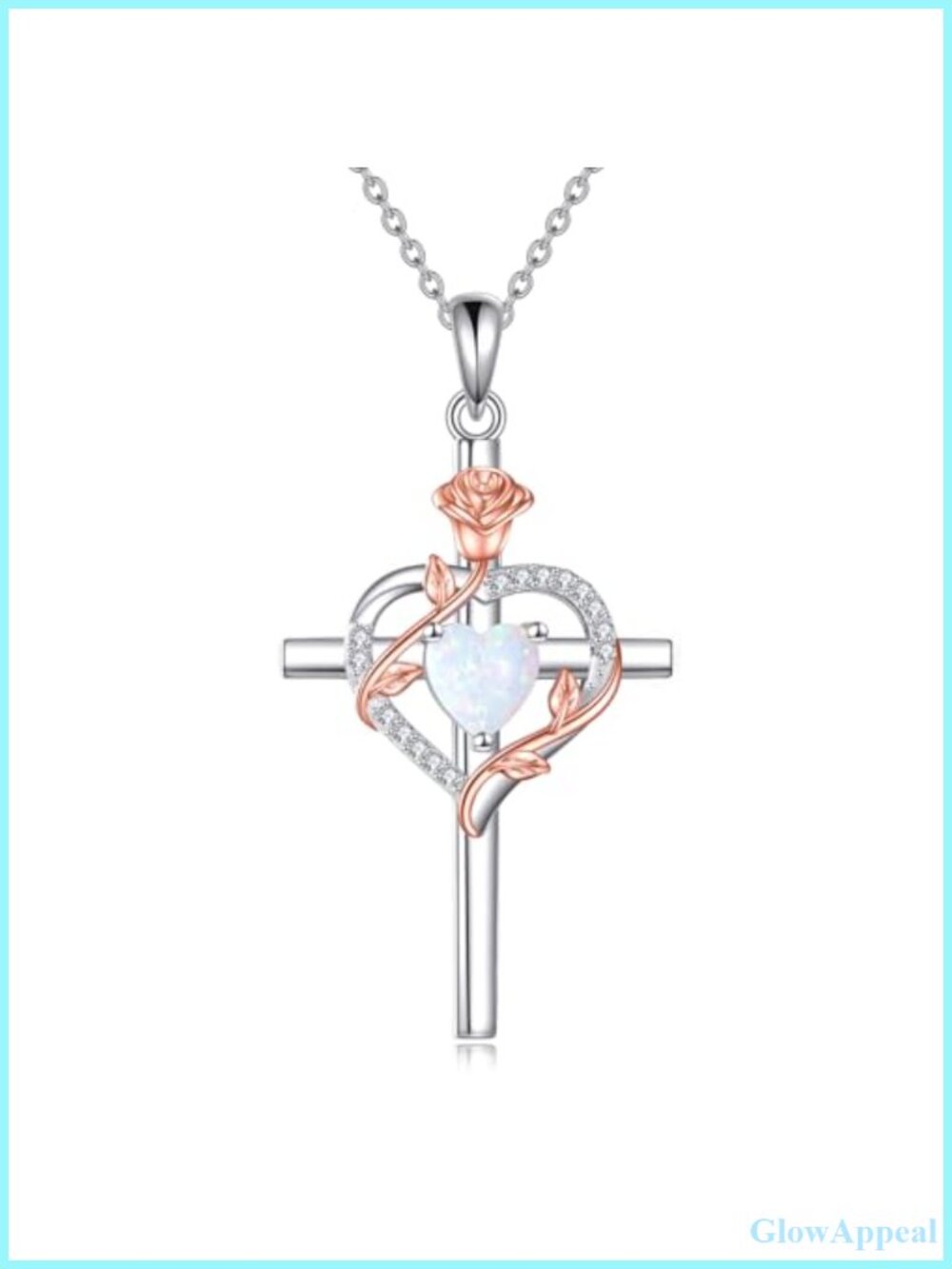 925 Sterling Silver Rose Cross Necklace Opal Birthstone Pendant 18in
